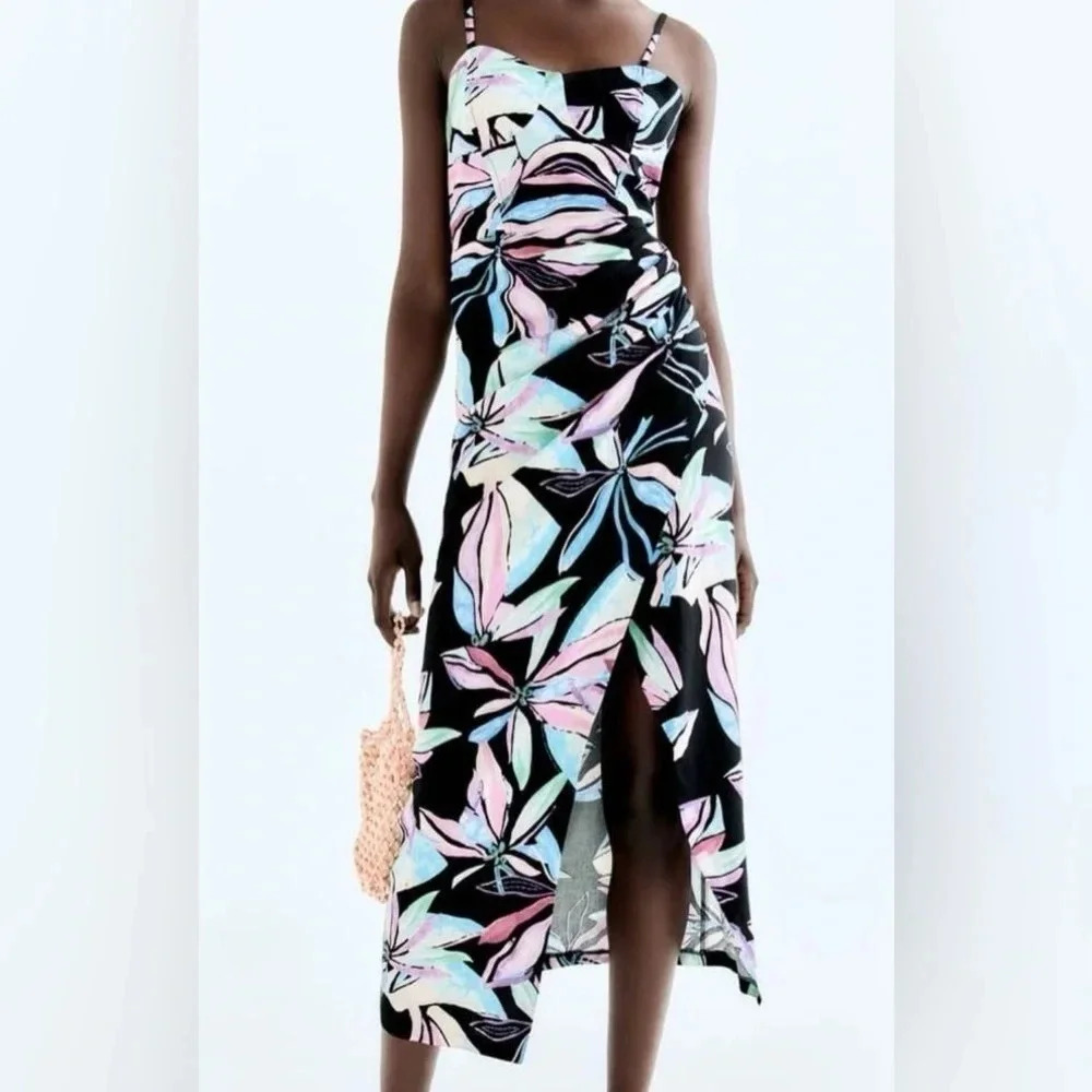 EUC Zara Linen Blend Tropical Print Corset Ruched Midi Dress Size Medium - Picture 3 of 17